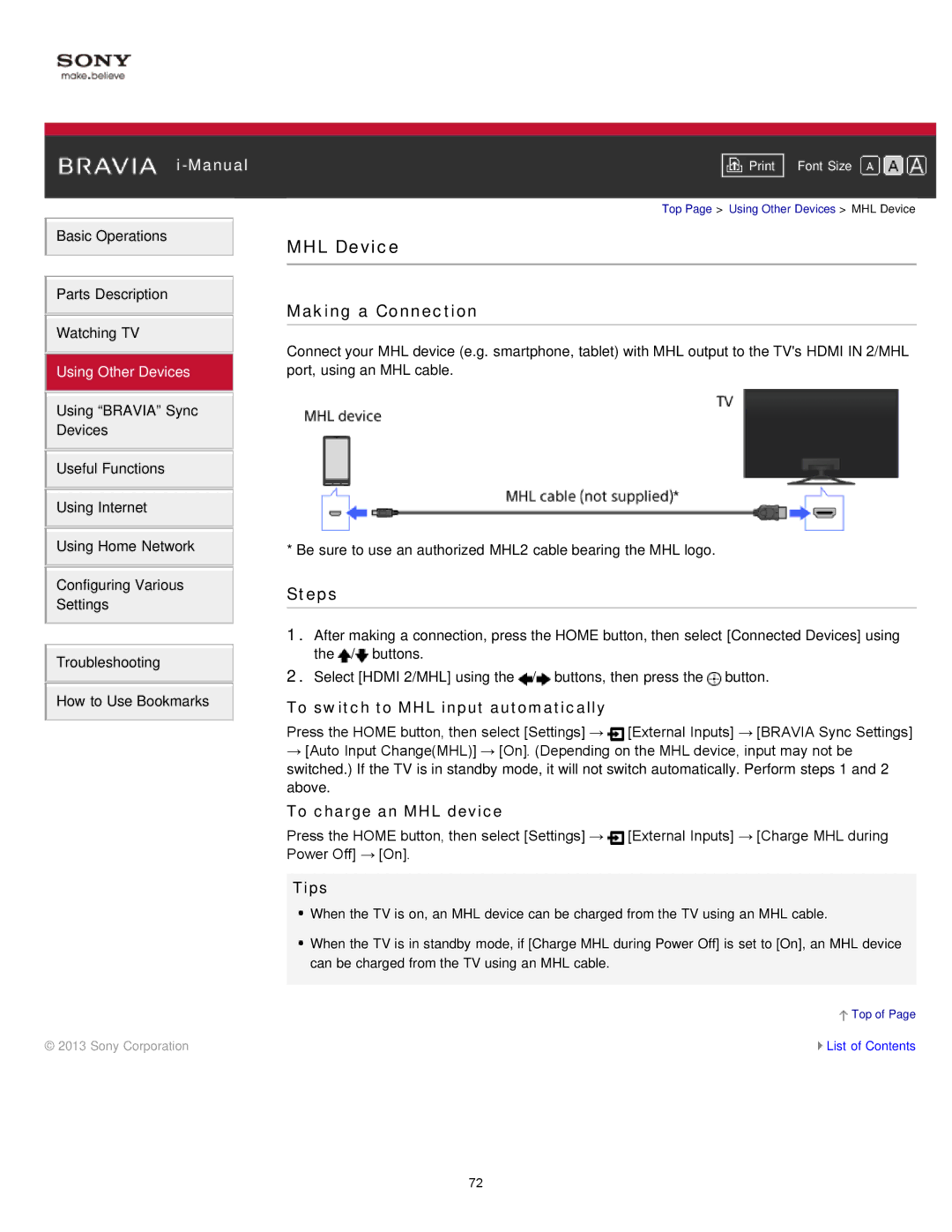 Sony KDL-47W802A manual MHL Device, To switch to MHL input automatically, To charge an MHL device 