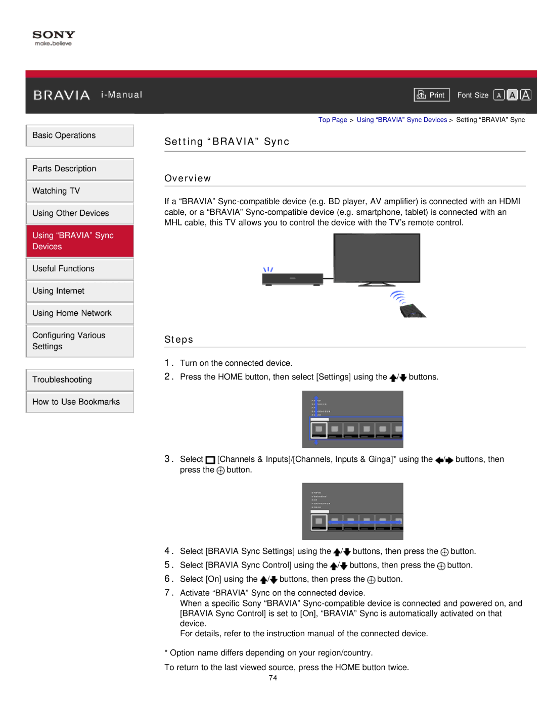 Sony KDL-47W802A manual Setting Bravia Sync, Overview 