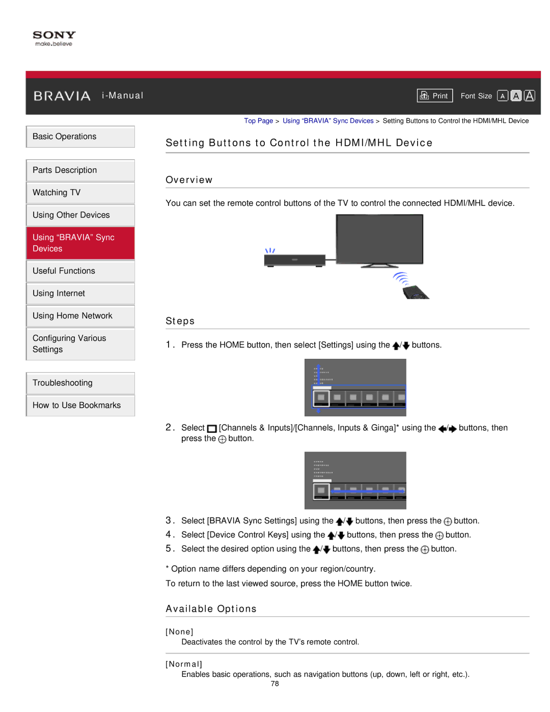 Sony KDL-47W802A manual Setting Buttons to Control the HDMI/MHL Device, None 