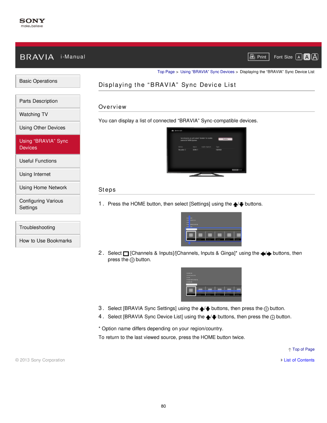 Sony KDL-47W802A manual Displaying the Bravia Sync Device List 