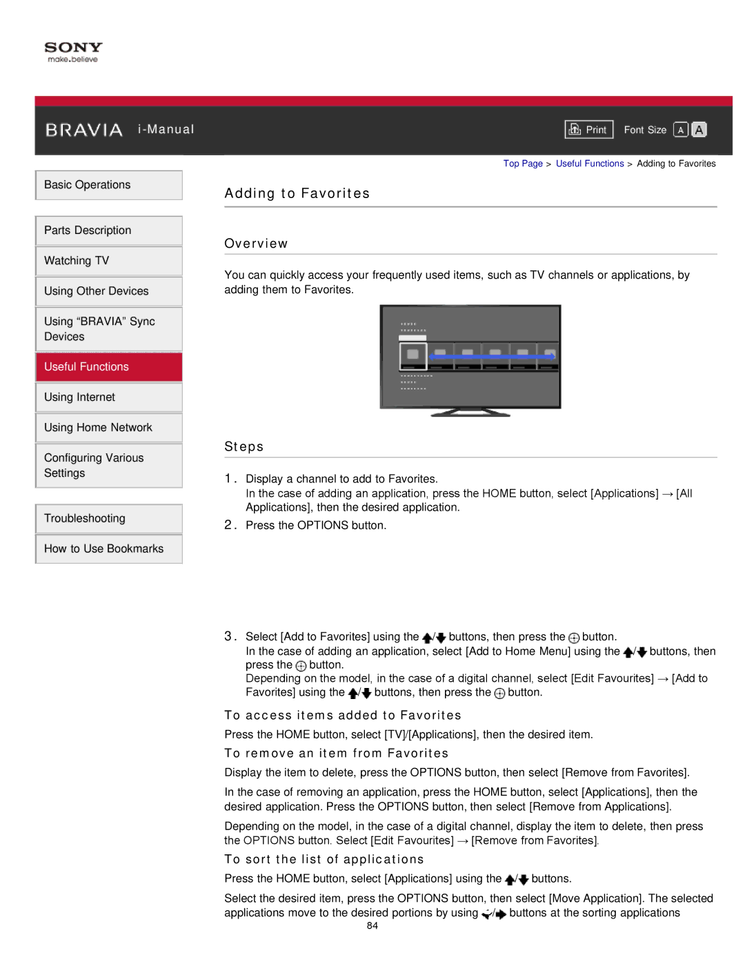 Sony KDL-47W802A manual Adding to Favorites, To access items added to Favorites, To remove an item from Favorites 