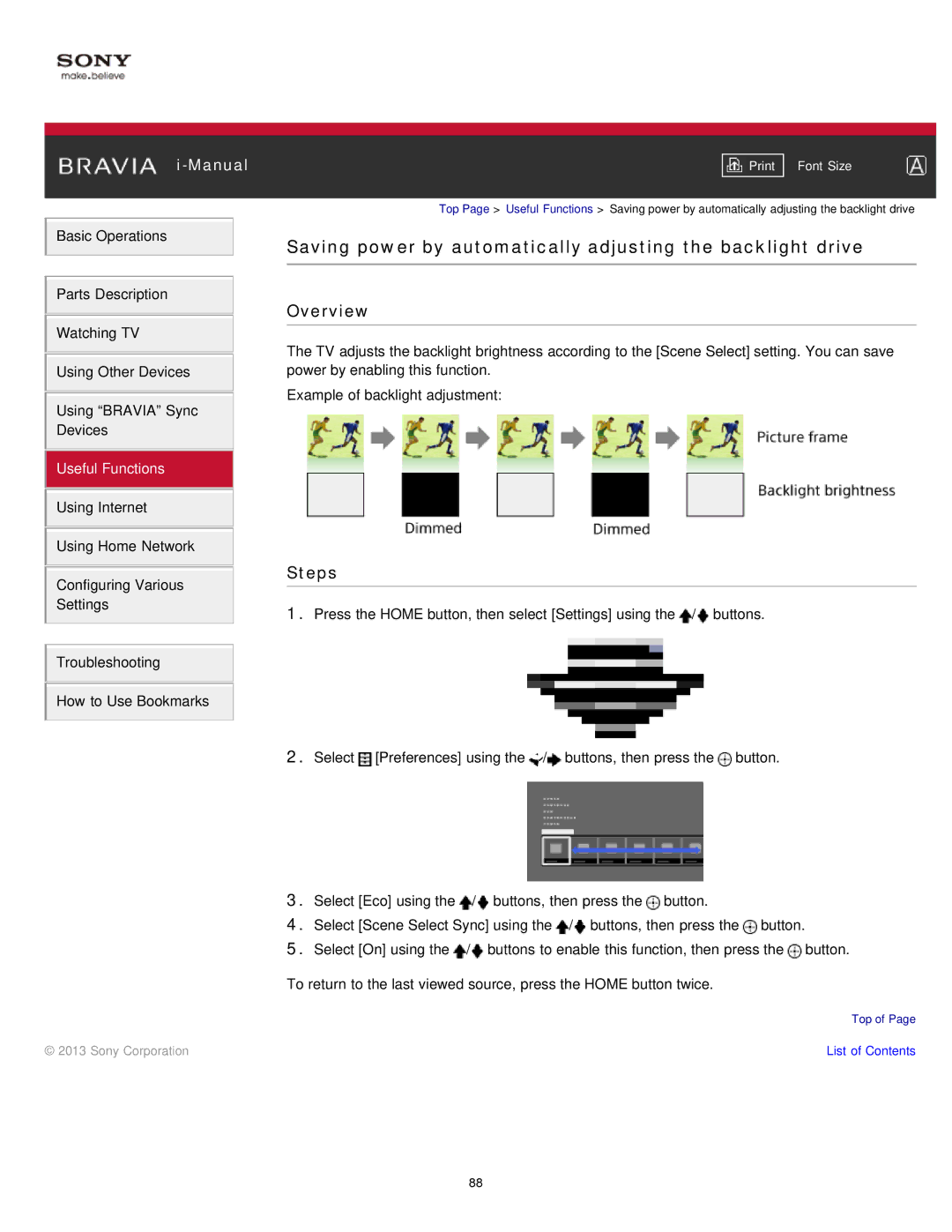 Sony KDL-47W802A manual Saving power by automatically adjusting the backlight drive 