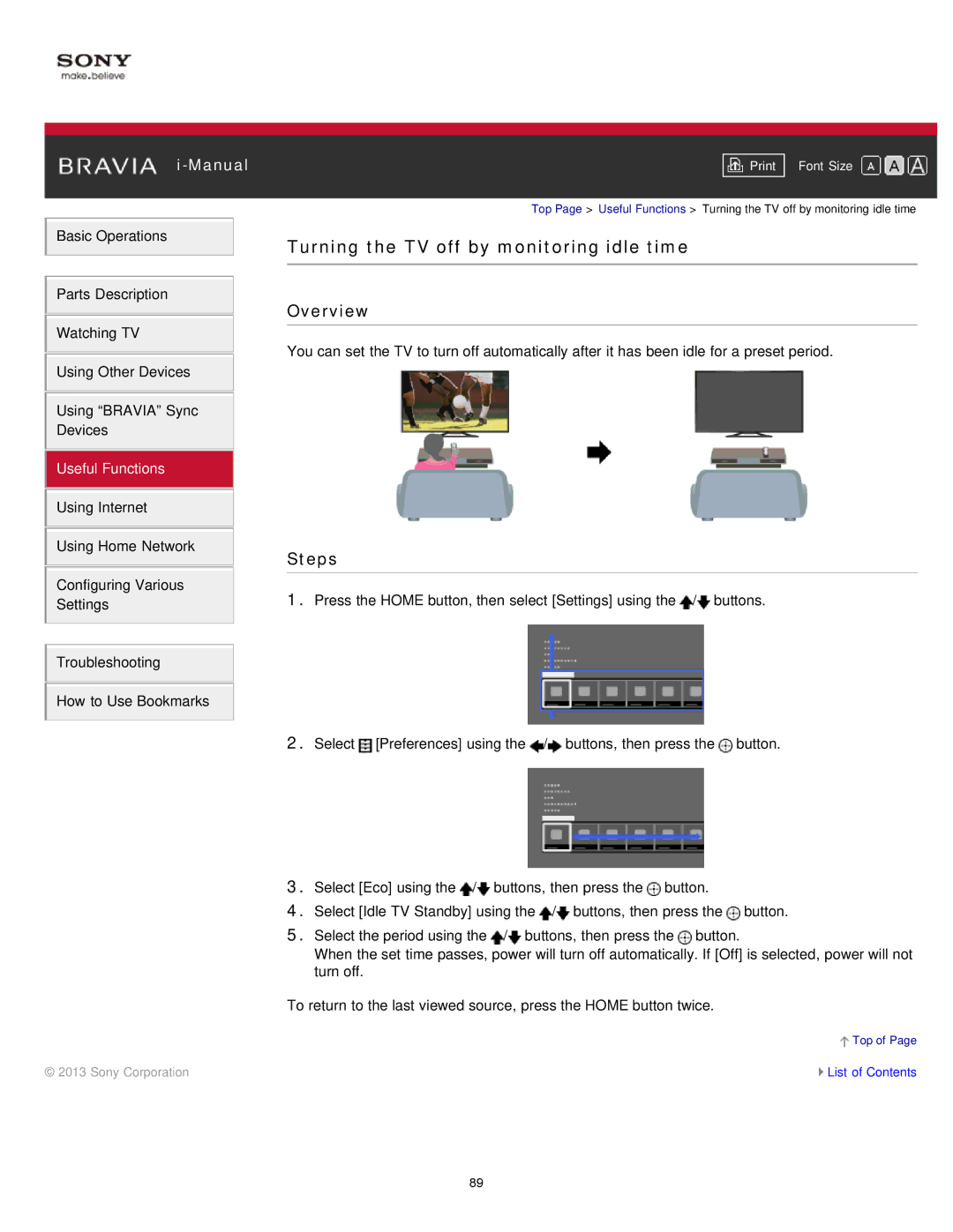 Sony KDL-47W802A manual Turning the TV off by monitoring idle time 