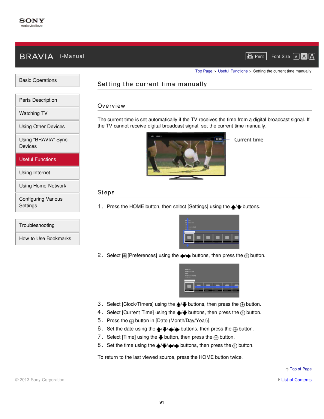 Sony KDL-47W802A Setting the current time manually 