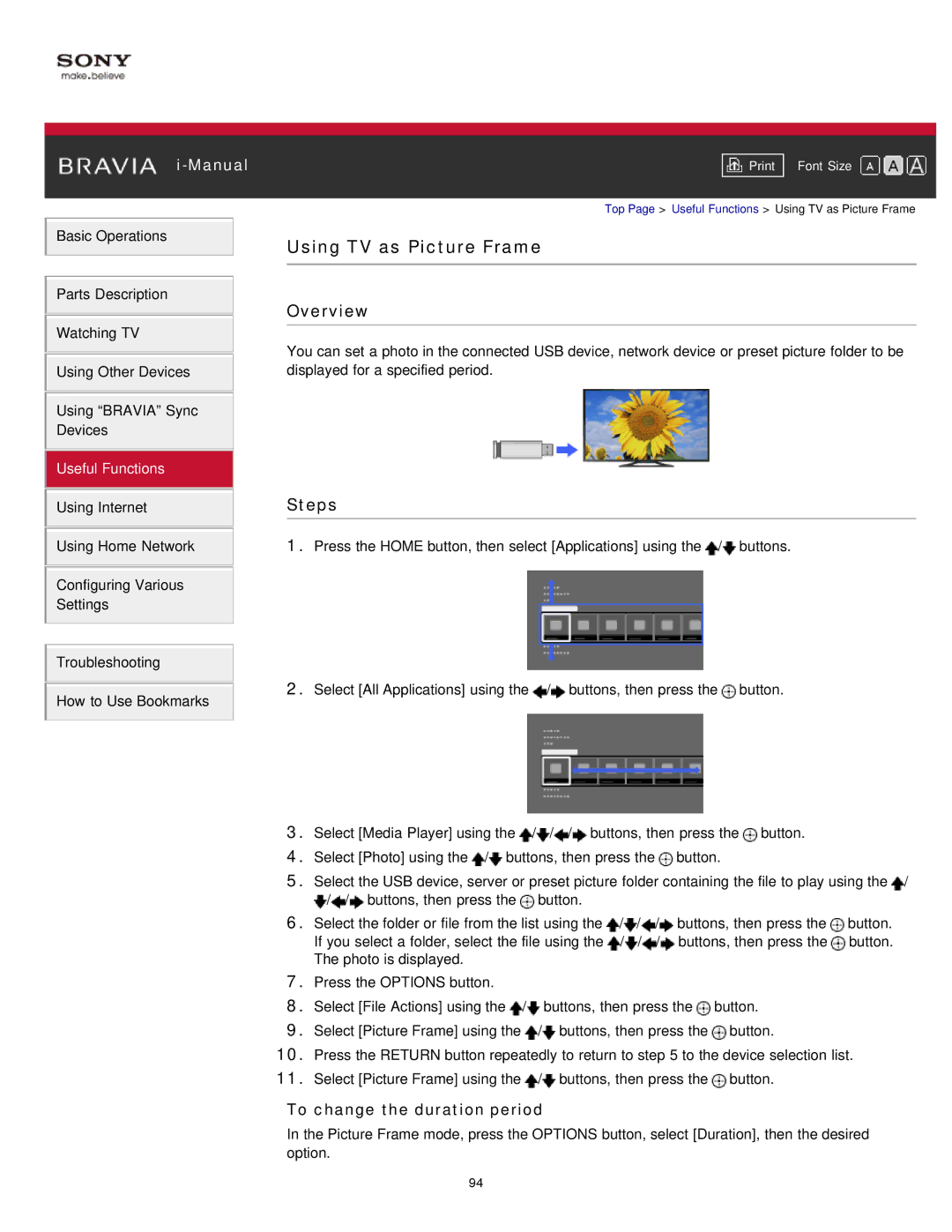 Sony KDL-47W802A manual Using TV as Picture Frame, To change the duration period 