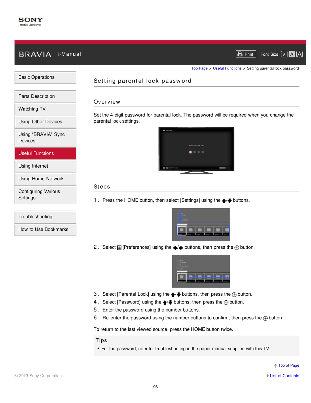 Sony KDL-47W802A manual Setting parental lock password, Tips 