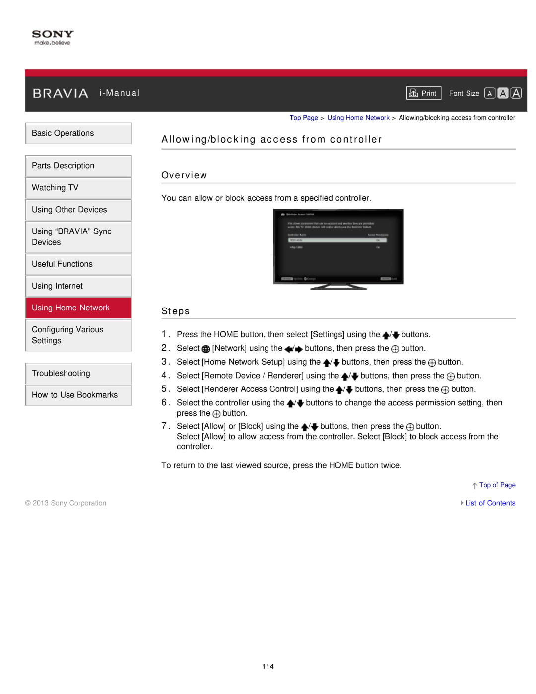 Sony KDL-50W650A, KDL-32W650A manual Allowing/blocking access from controller 