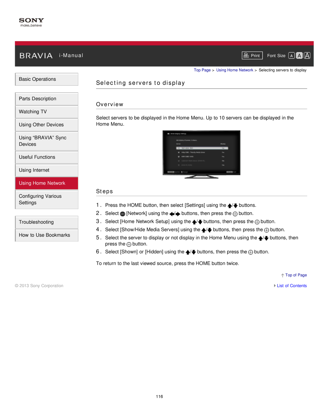 Sony KDL-50W650A, KDL-32W650A manual Selecting servers to display 