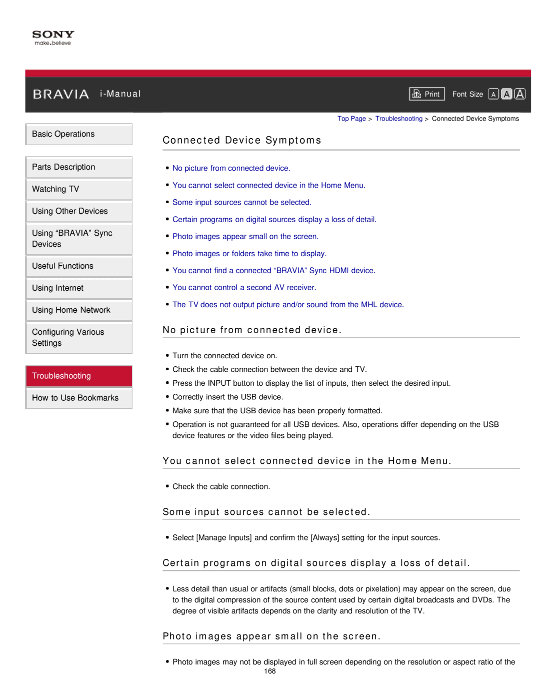 Sony KDL-50W650A manual Connected Device Symptoms, No picture from connected device, Some input sources cannot be selected 