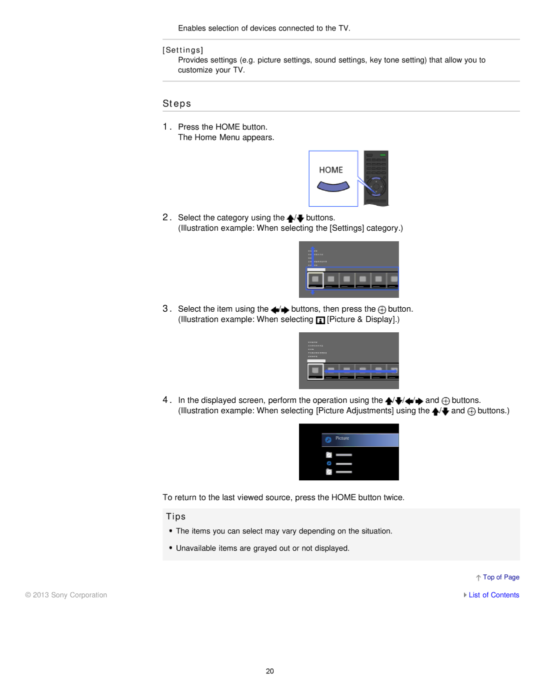 Sony KDL-50W650A, KDL-32W650A manual Steps, Tips, Settings 