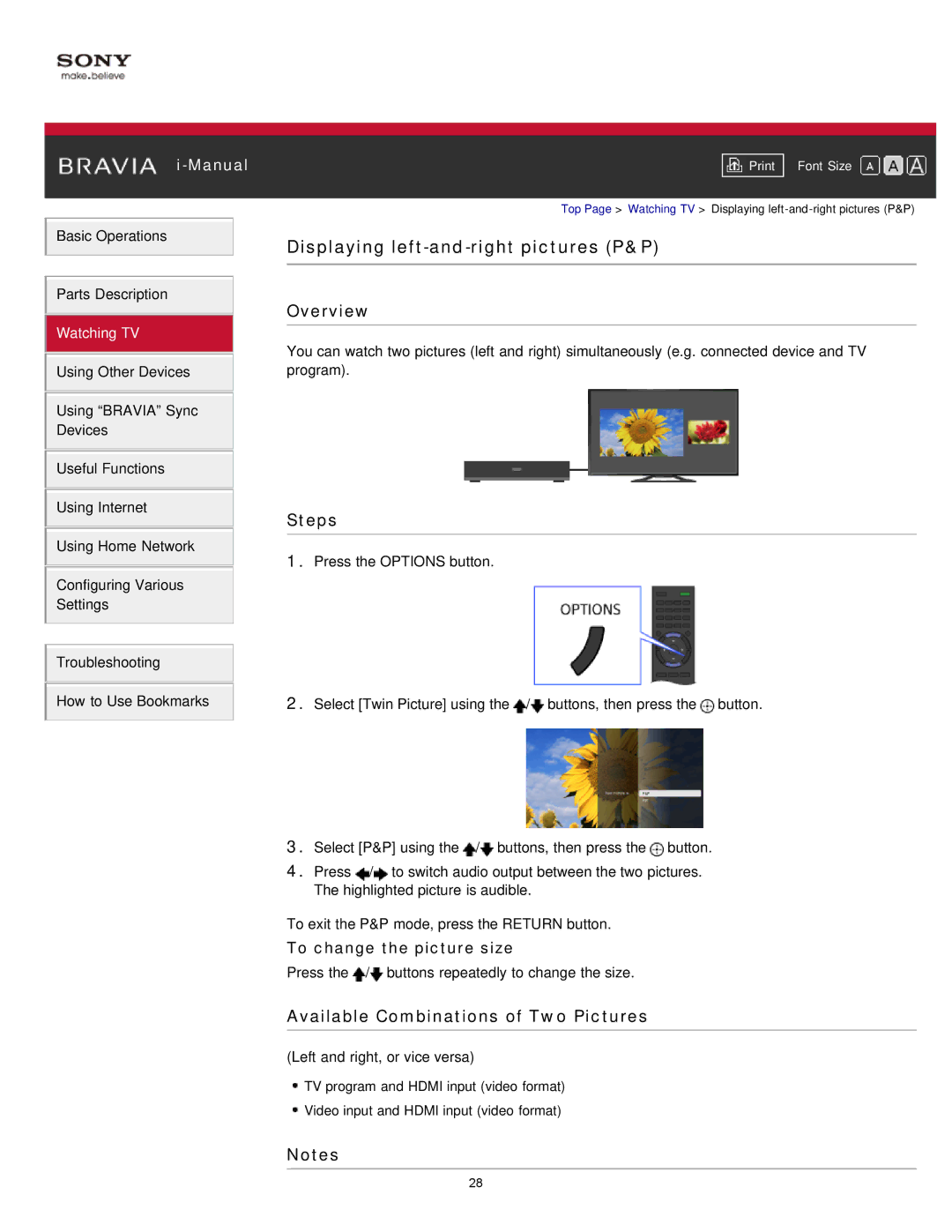 Sony KDL-50W650A, KDL-32W650A manual Displaying left-and-right pictures P&P, Available Combinations of Two Pictures 