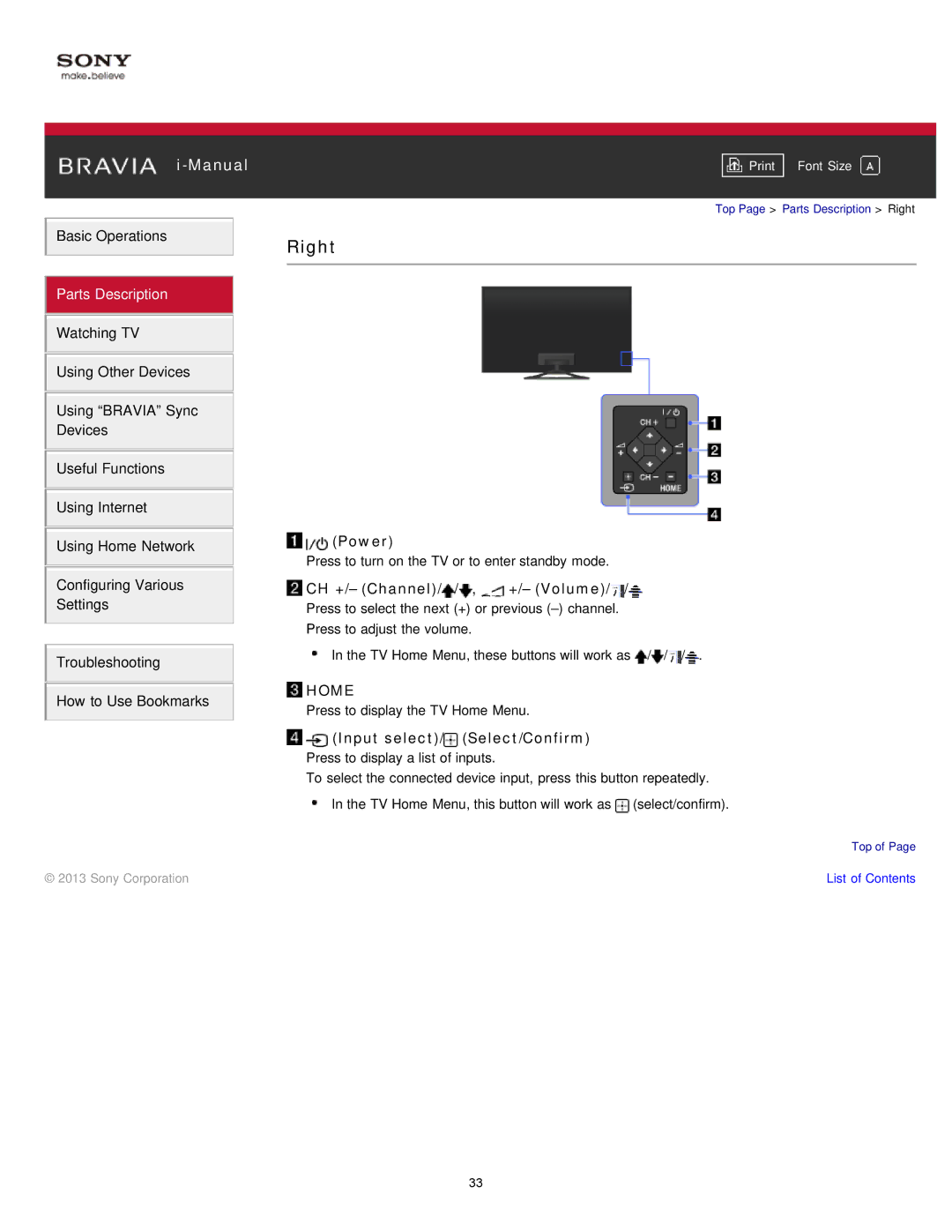 Sony KDL-32W650A, KDL-50W650A manual Right, Power, CH +/- Channel/ / , +/- Volume, Input select/ Select/Confirm 