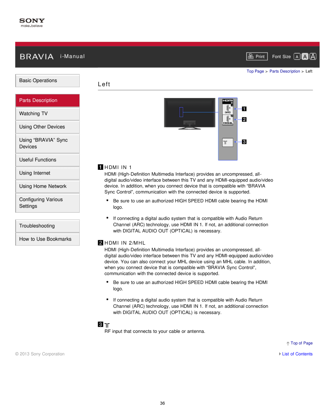 Sony KDL-50W650A, KDL-32W650A manual Left, Hdmi 