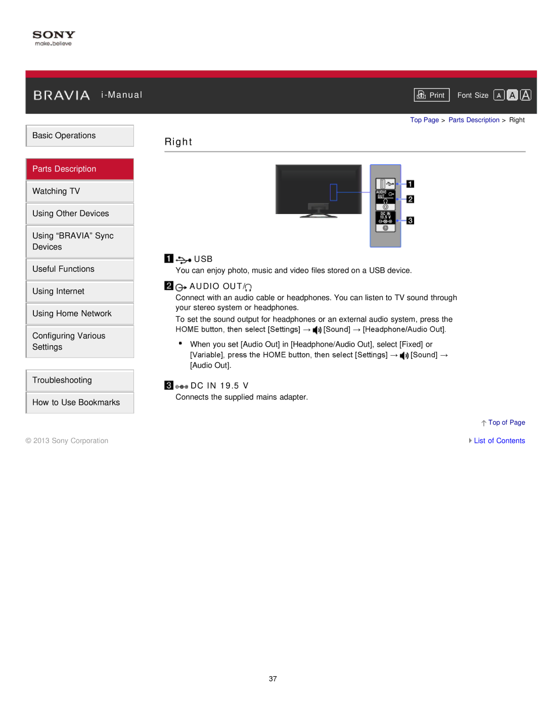 Sony KDL-32W650A, KDL-50W650A manual Usb, DC in 19.5 