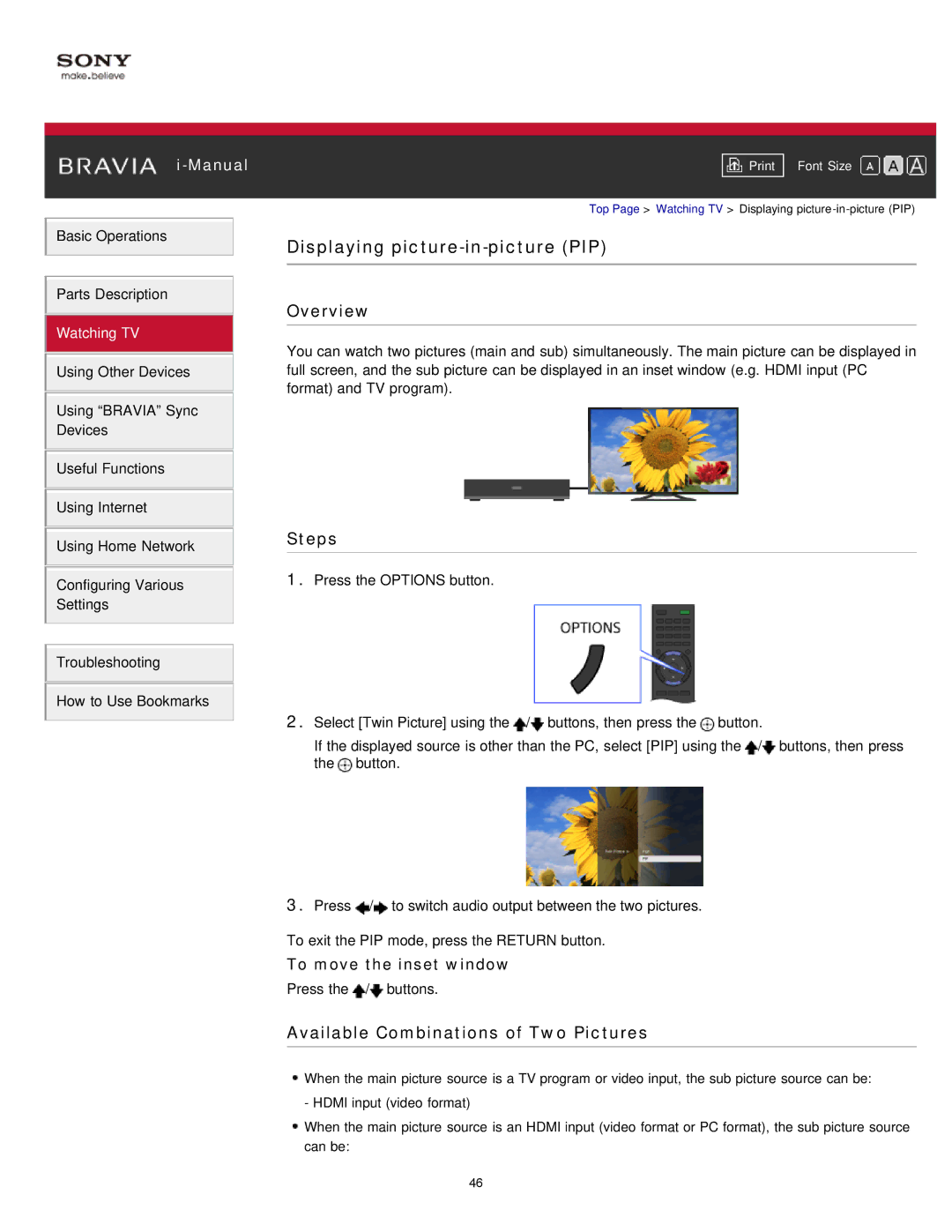 Sony KDL-50W650A, KDL-32W650A manual Displaying picture-in-picture PIP, To move the inset window 