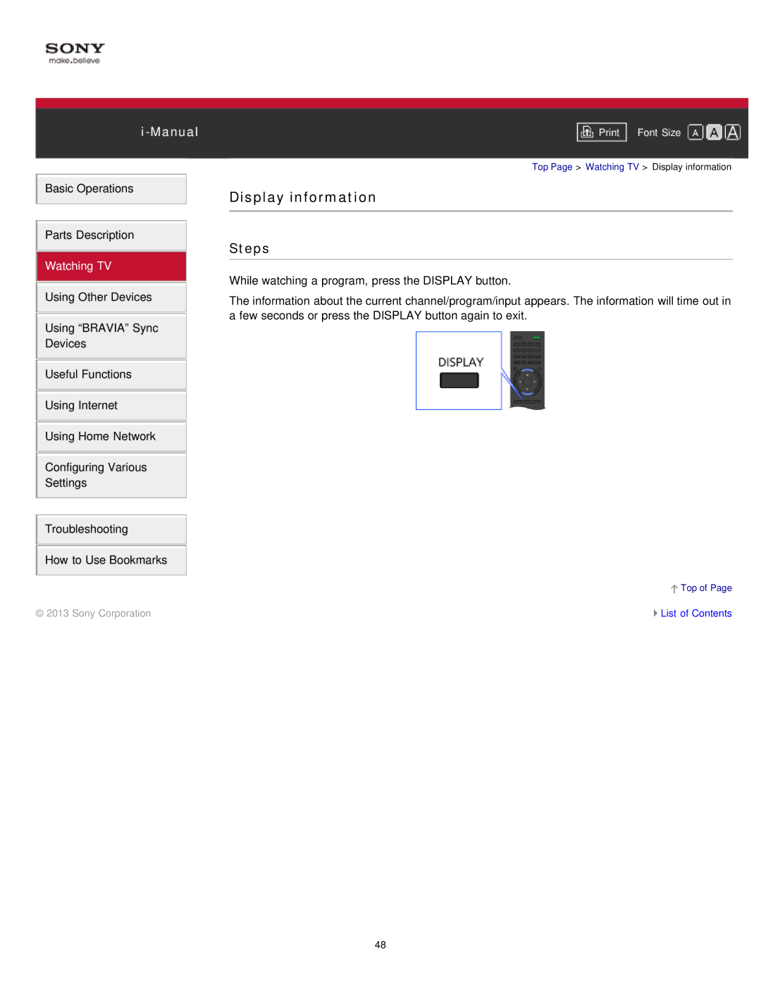 Sony KDL-50W650A, KDL-32W650A manual Display information 