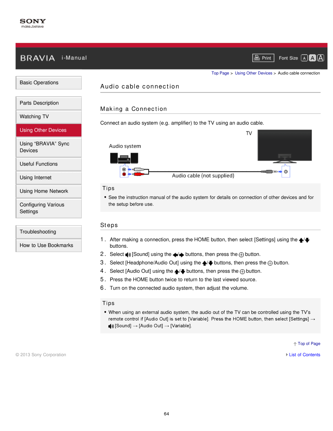 Sony KDL-50W650A, KDL-32W650A manual Audio cable connection 