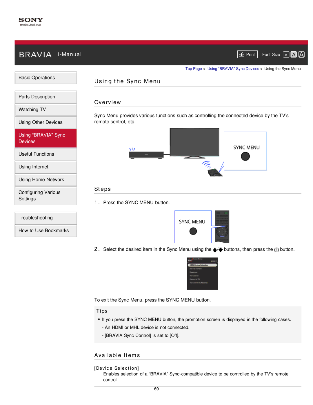 Sony KDL-32W650A, KDL-50W650A manual Using the Sync Menu, Available Items, Device Selection 