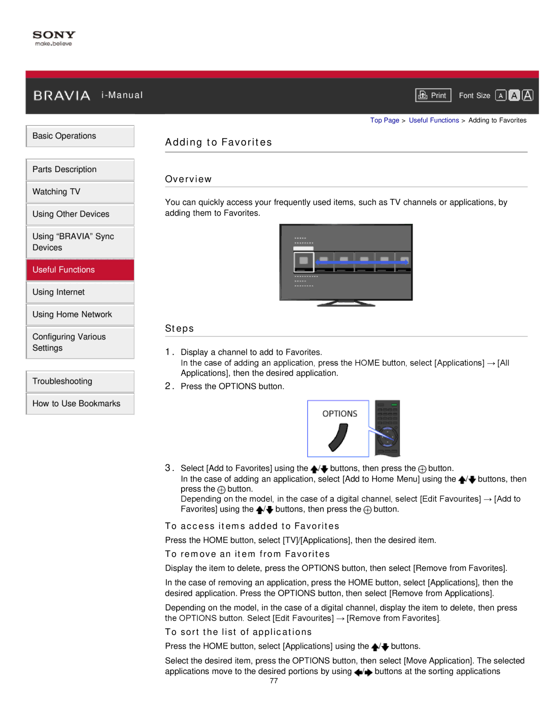 Sony KDL-32W650A, KDL-50W650A Adding to Favorites, To access items added to Favorites, To remove an item from Favorites 