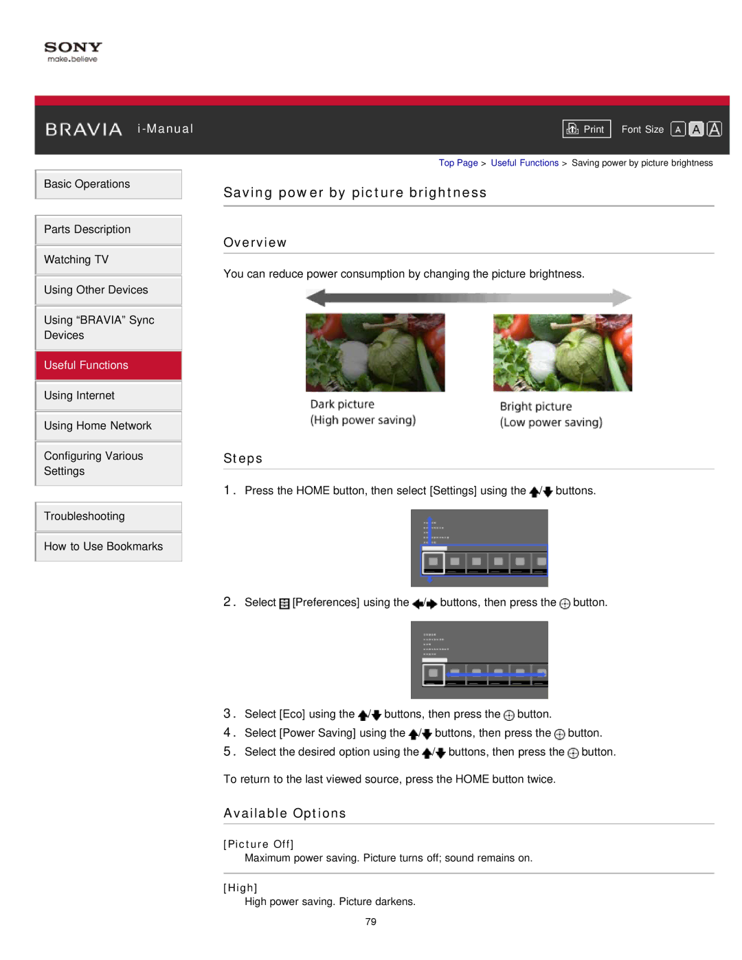 Sony KDL-32W650A, KDL-50W650A manual Saving power by picture brightness, Picture Off, High 