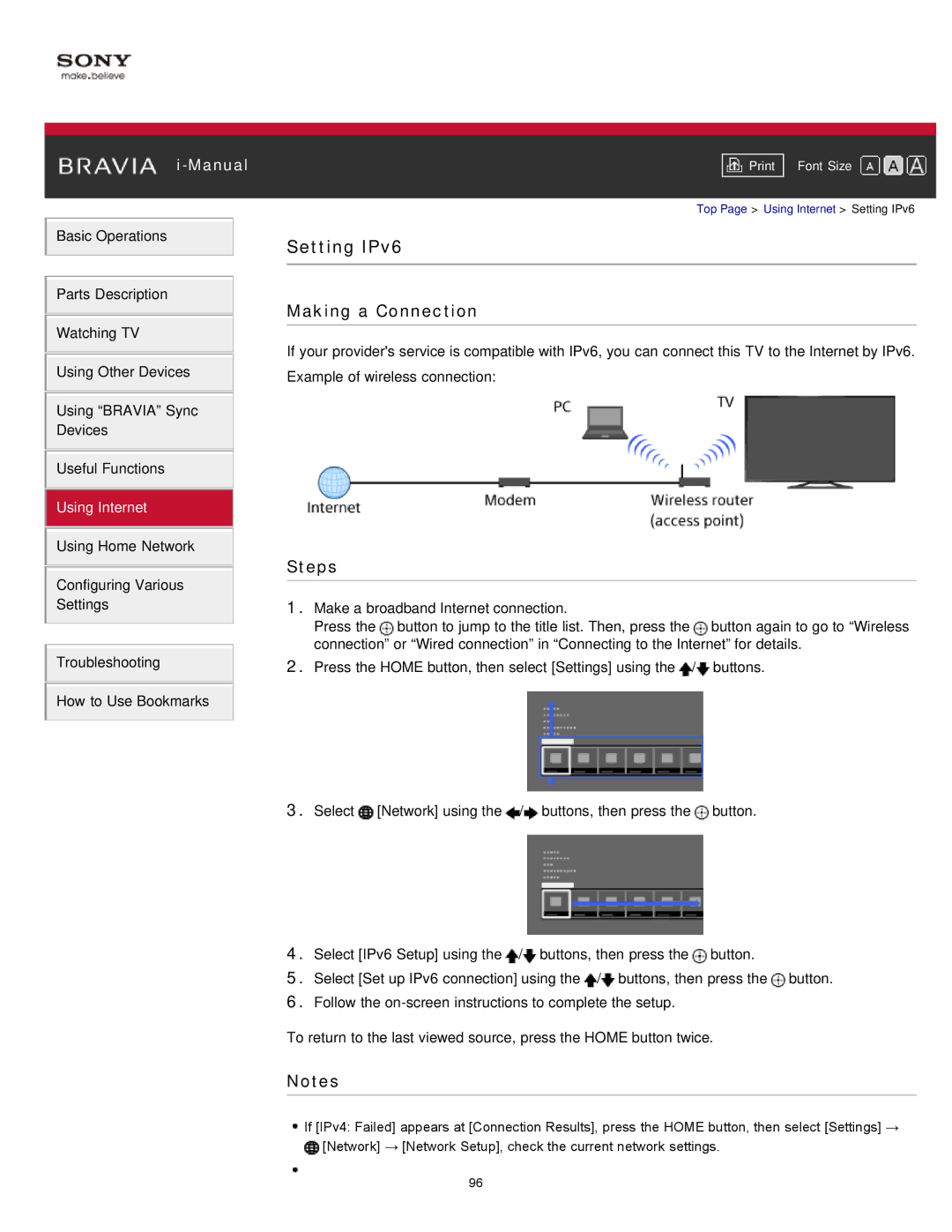 Sony KDL-50W650A, KDL-32W650A manual Setting IPv6 