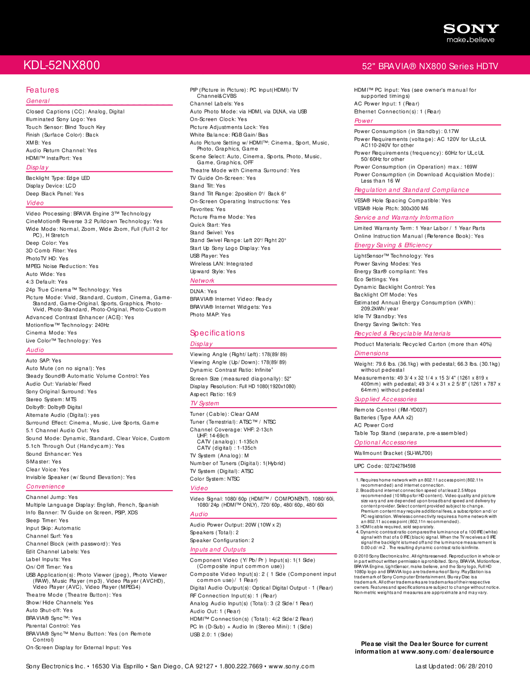 Sony KDL-52NX800 manual Features, Specifications 