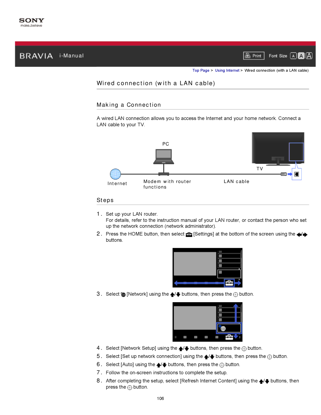 Sony KDL-55HX750 manual Wired connection with a LAN cable, Internet Modem with router, Functions 