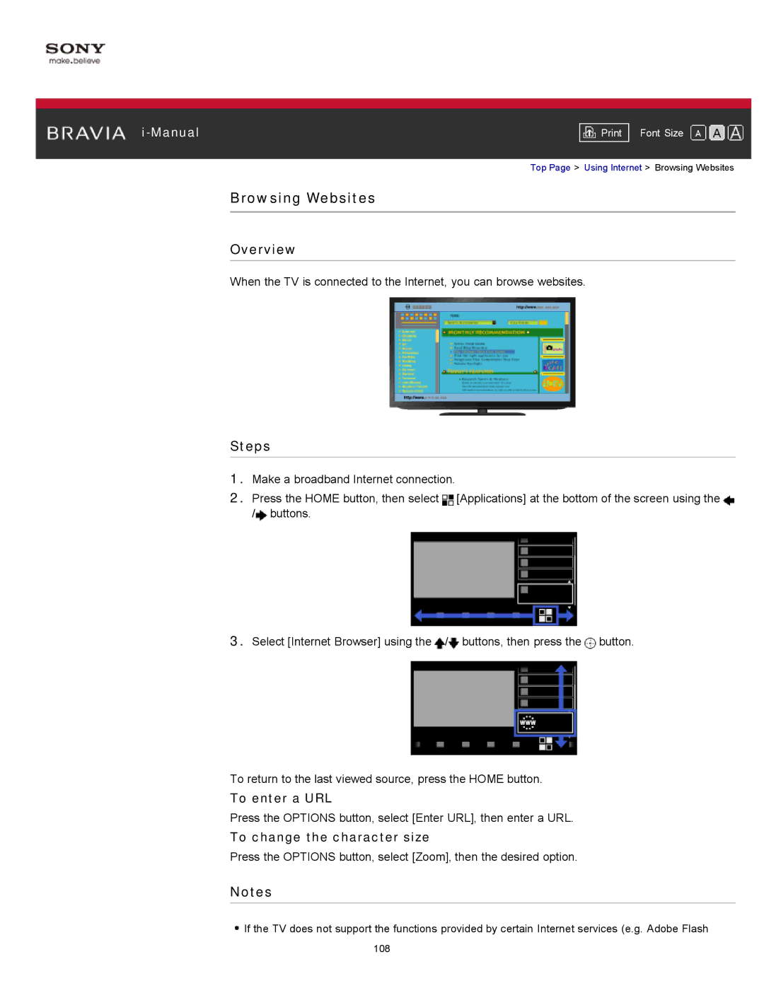 Sony KDL-55HX750, KDL-55HX751/46HX751/40HX751/32HX751 manual Browsing Websites, To enter a URL, To change the character size 