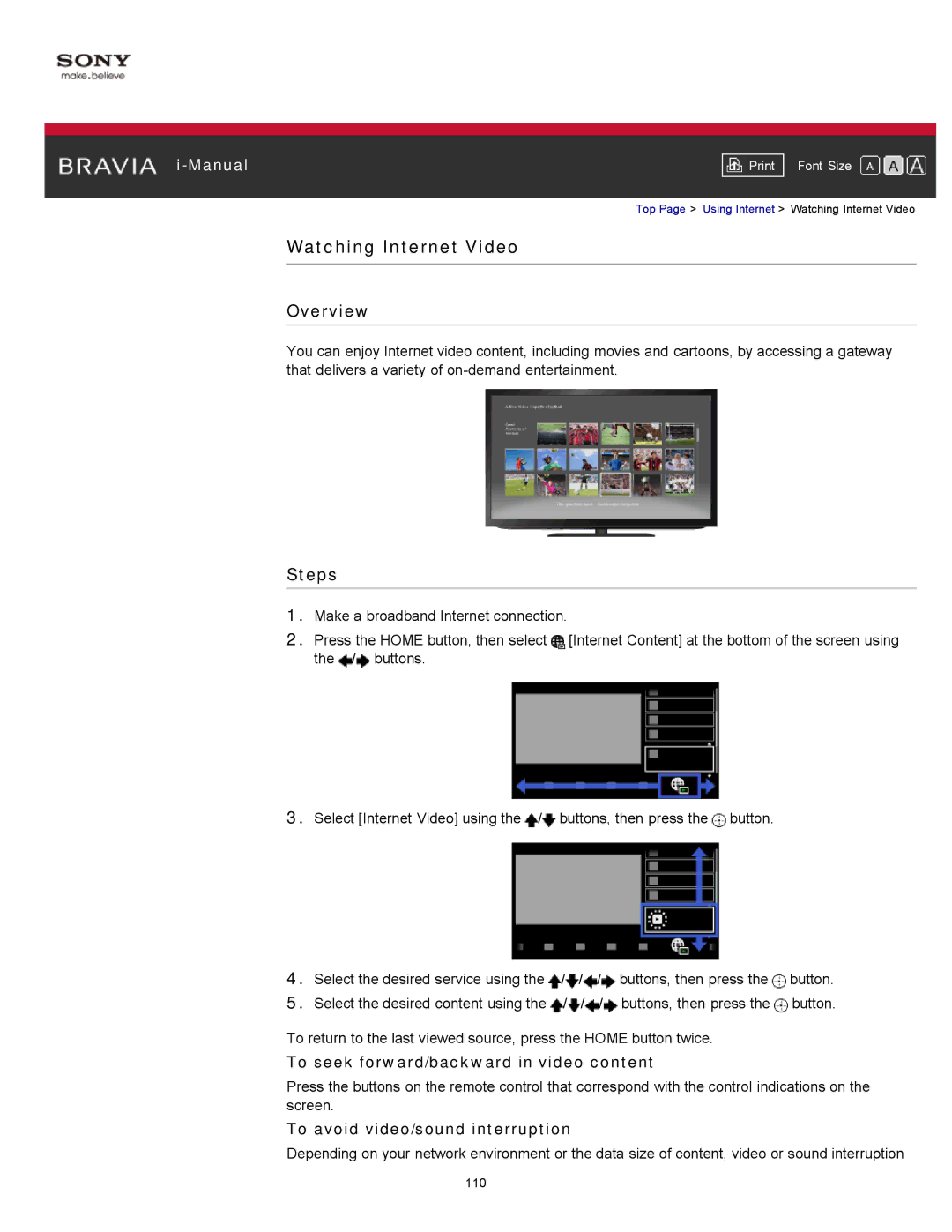 Sony KDL-55HX750 Watching Internet Video, To seek forward/backward in video content, To avoid video/sound interruption 