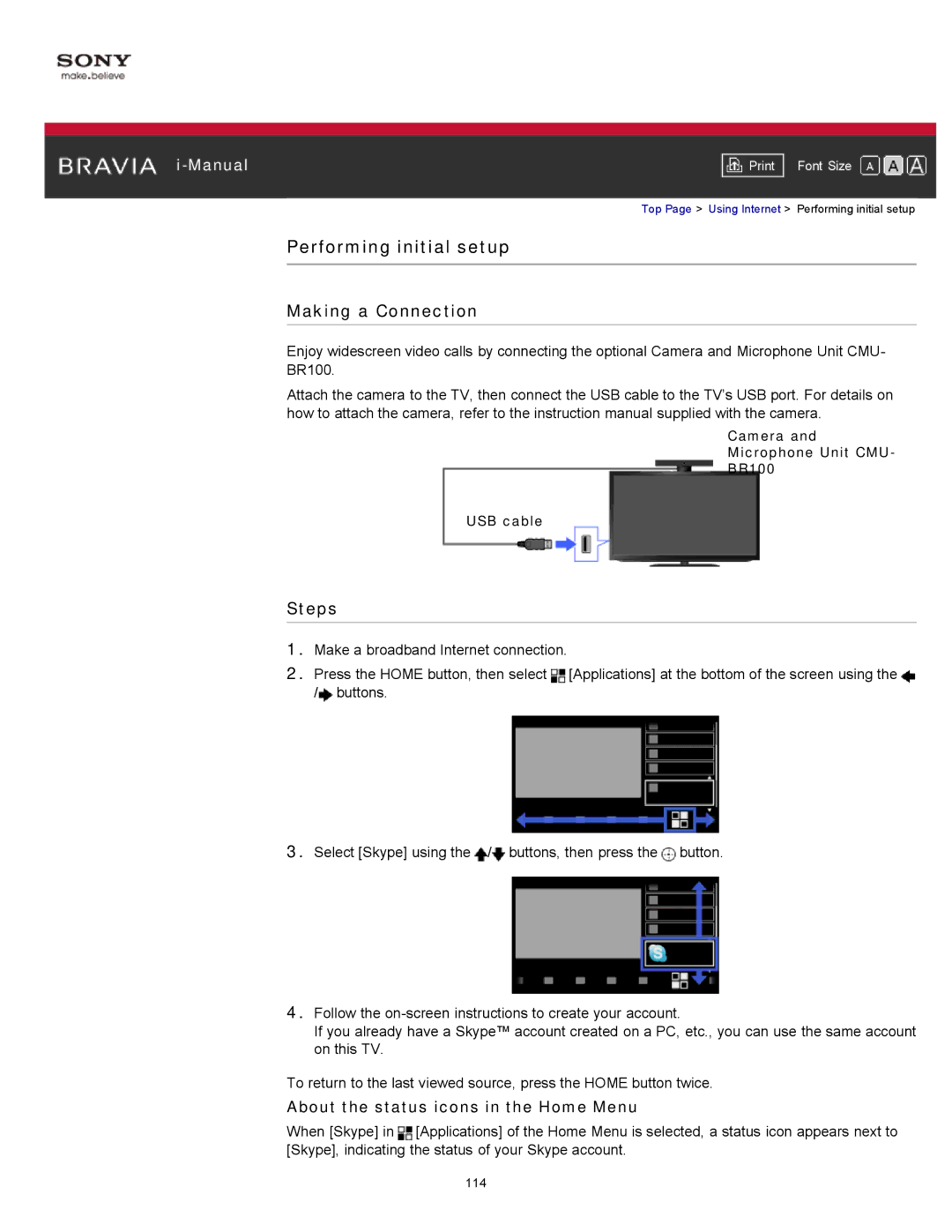 Sony KDL-55HX750, KDL-55HX751/46HX751/40HX751/32HX751 Performing initial setup, About the status icons in the Home Menu 