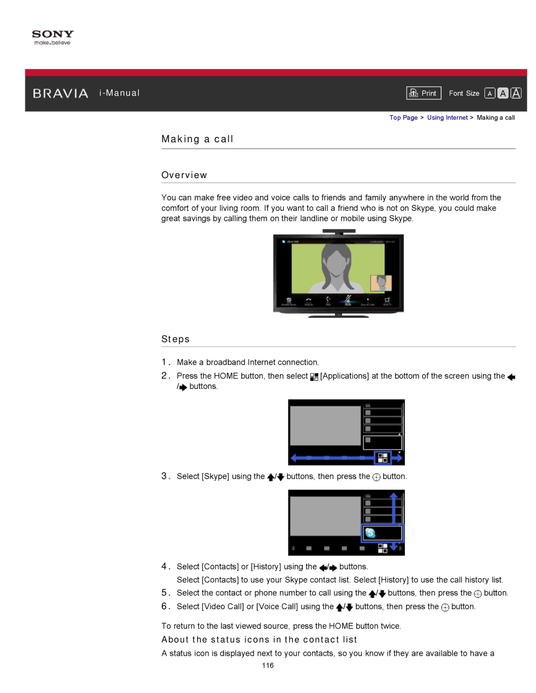 Sony KDL-55HX750, KDL-55HX751/46HX751/40HX751/32HX751 manual Making a call, About the status icons in the contact list 