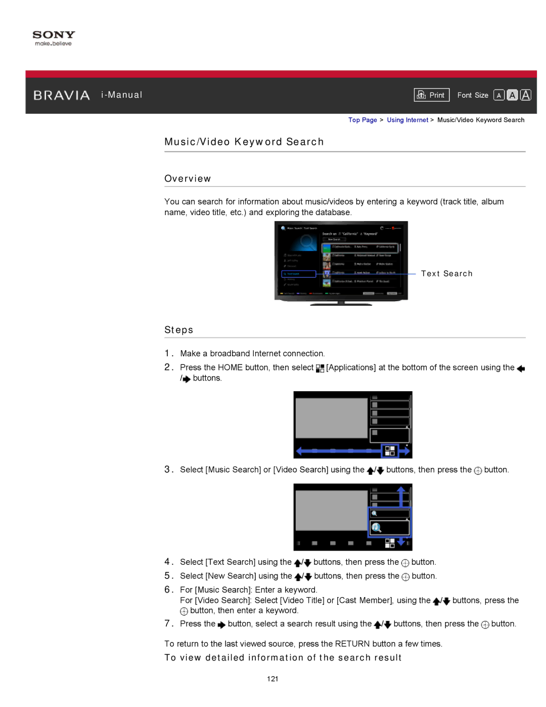 Sony KDL-55HX751/46HX751/40HX751/32HX751, KDL-55HX750 manual Music/Video Keyword Search, Text Search 