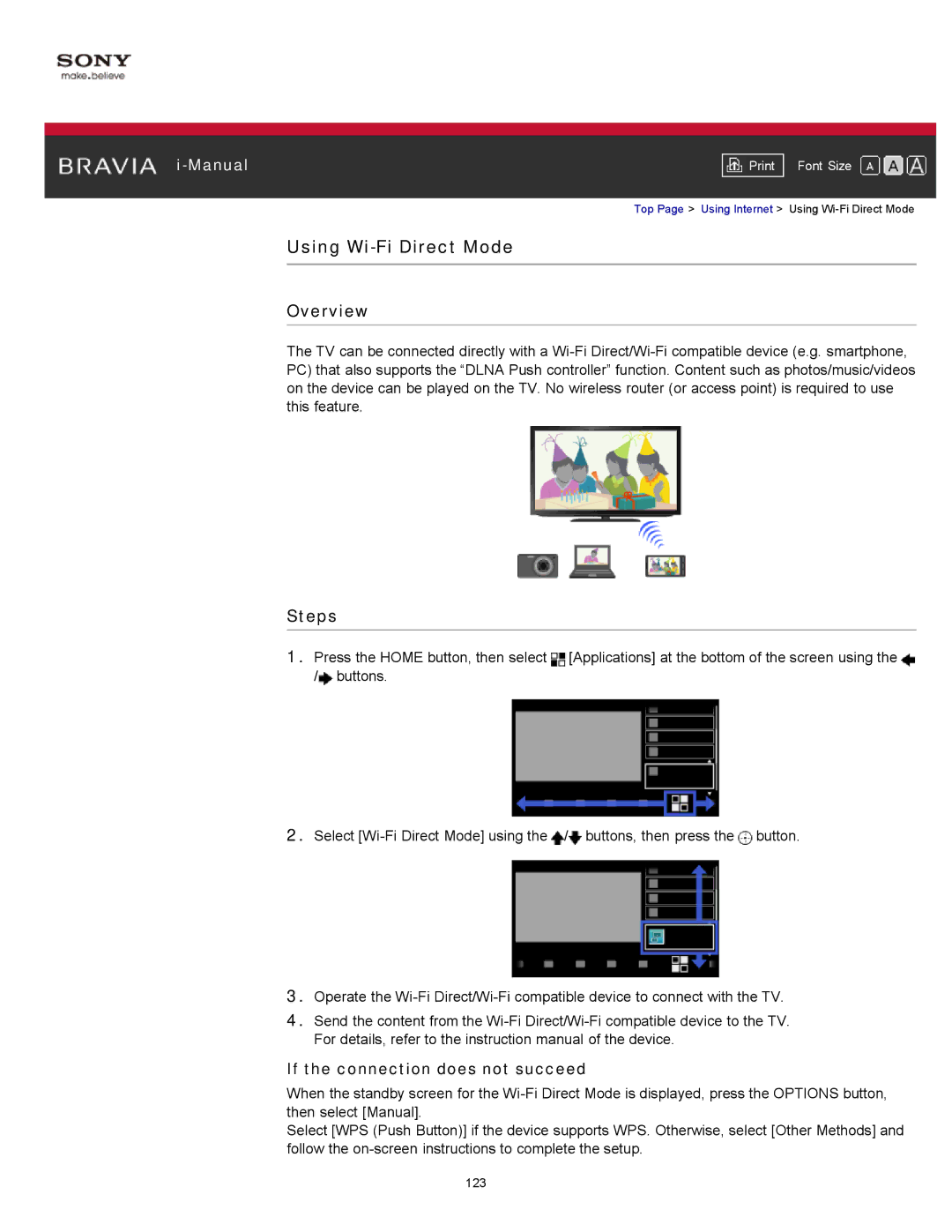 Sony KDL-55HX751/46HX751/40HX751/32HX751, KDL-55HX750 manual Using Wi-Fi Direct Mode, If the connection does not succeed 