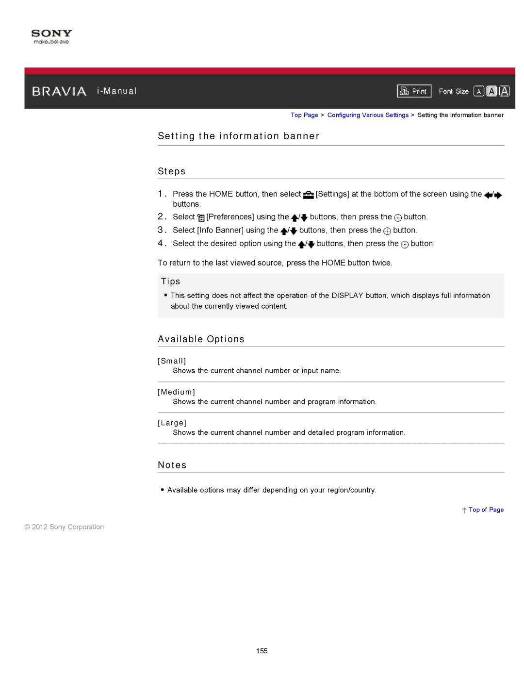 Sony KDL-55HX751/46HX751/40HX751/32HX751, KDL-55HX750 manual Setting the information banner, Small, Medium, Large 