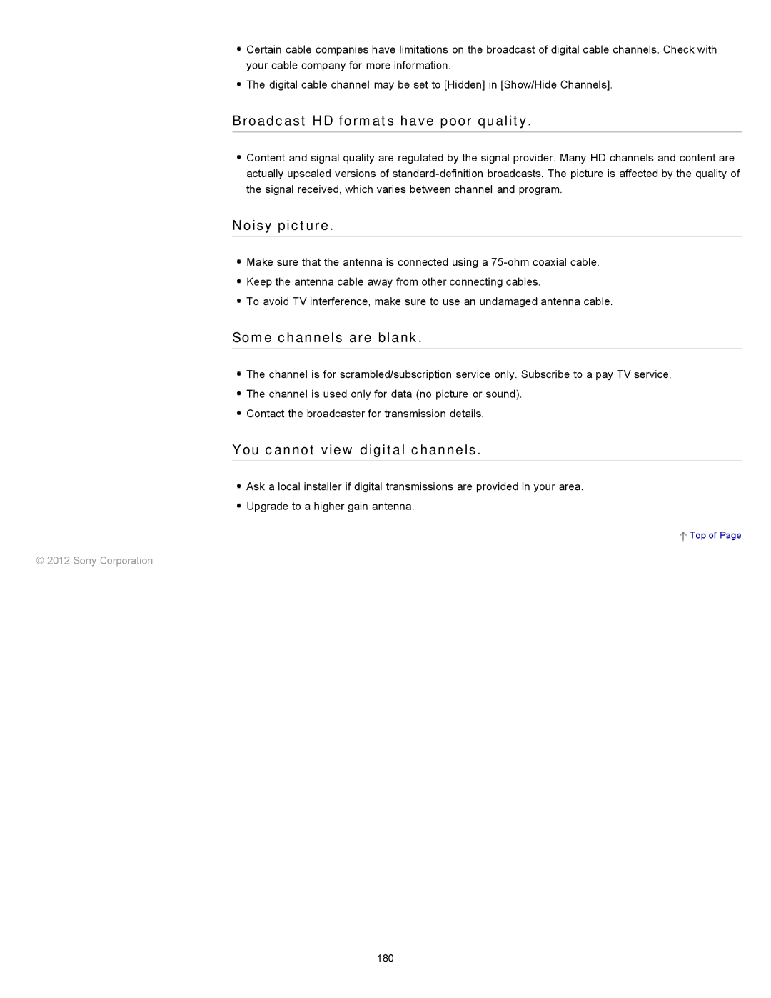 Sony KDL-55HX750 manual Broadcast HD formats have poor quality, Noisy picture, Some channels are blank 