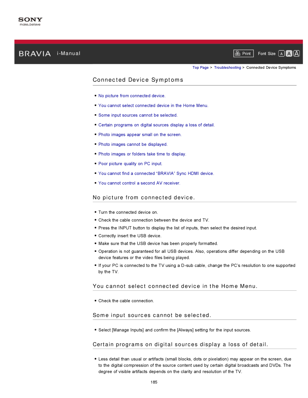 Sony KDL-55HX751/46HX751/40HX751/32HX751, KDL-55HX750 manual Connected Device Symptoms, No picture from connected device 