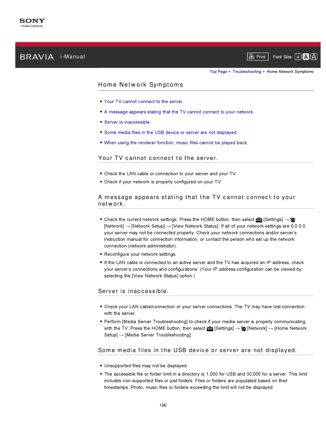 Sony KDL-55HX750 manual Home Network Symptoms, Your TV cannot connect to the server, Server is inaccessible 