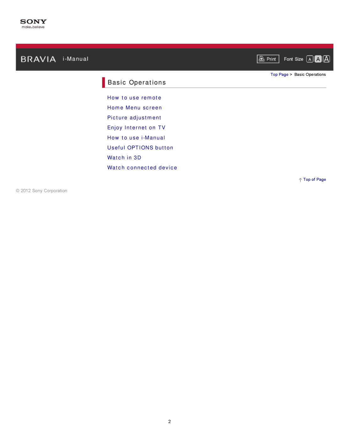 Sony KDL-55HX750, KDL-55HX751/46HX751/40HX751/32HX751 manual Basic Operations 