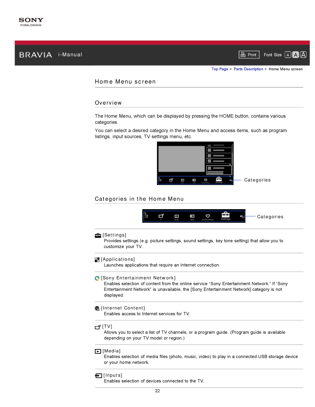 Sony KDL-55HX750, KDL-55HX751/46HX751/40HX751/32HX751 manual Home Menu screen, Overview, Categories in the Home Menu 