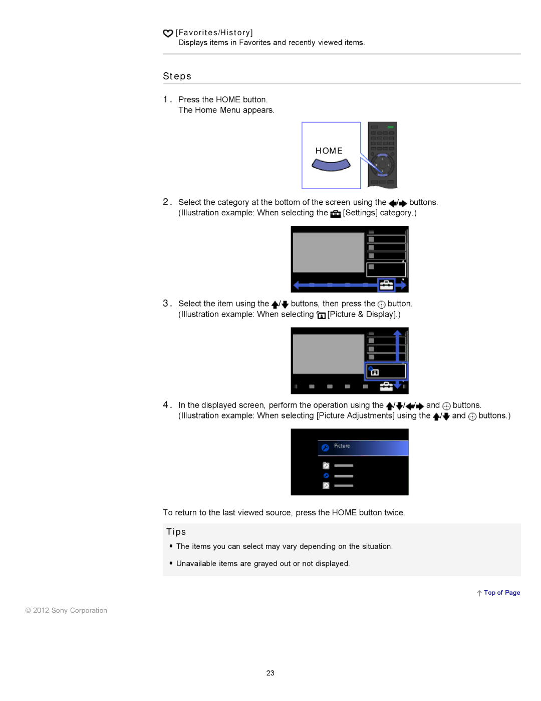 Sony KDL-55HX751/46HX751/40HX751/32HX751, KDL-55HX750 manual Steps, Tips, Favorites/History 