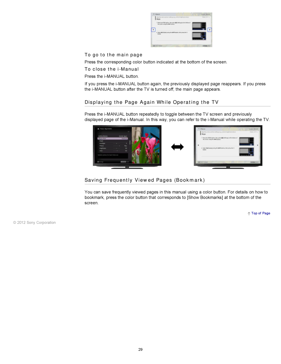 Sony KDL-55HX751/46HX751/40HX751/32HX751, KDL-55HX750 Displaying the Page Again While Operating the TV, To go to the main 