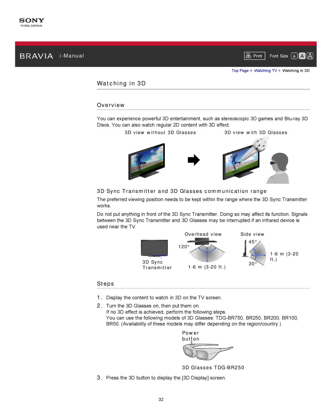 Sony KDL-55HX750 manual Watching in 3D, 3D Sync Transmitter and 3D Glasses communication range 