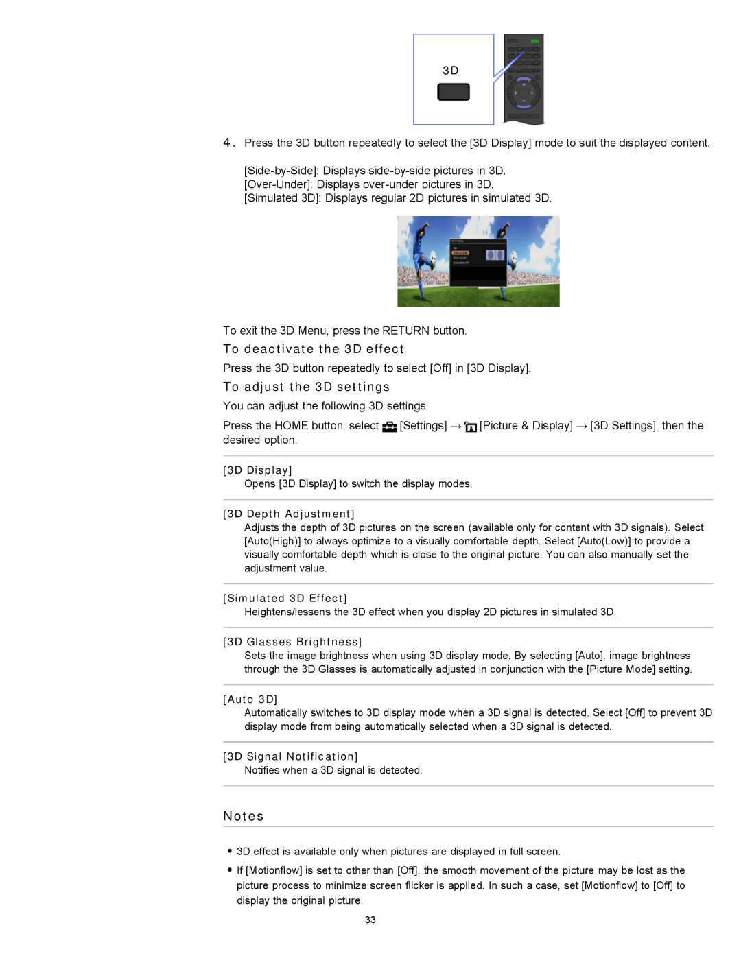 Sony KDL-55HX751/46HX751/40HX751/32HX751, KDL-55HX750 manual To deactivate the 3D effect, To adjust the 3D settings 