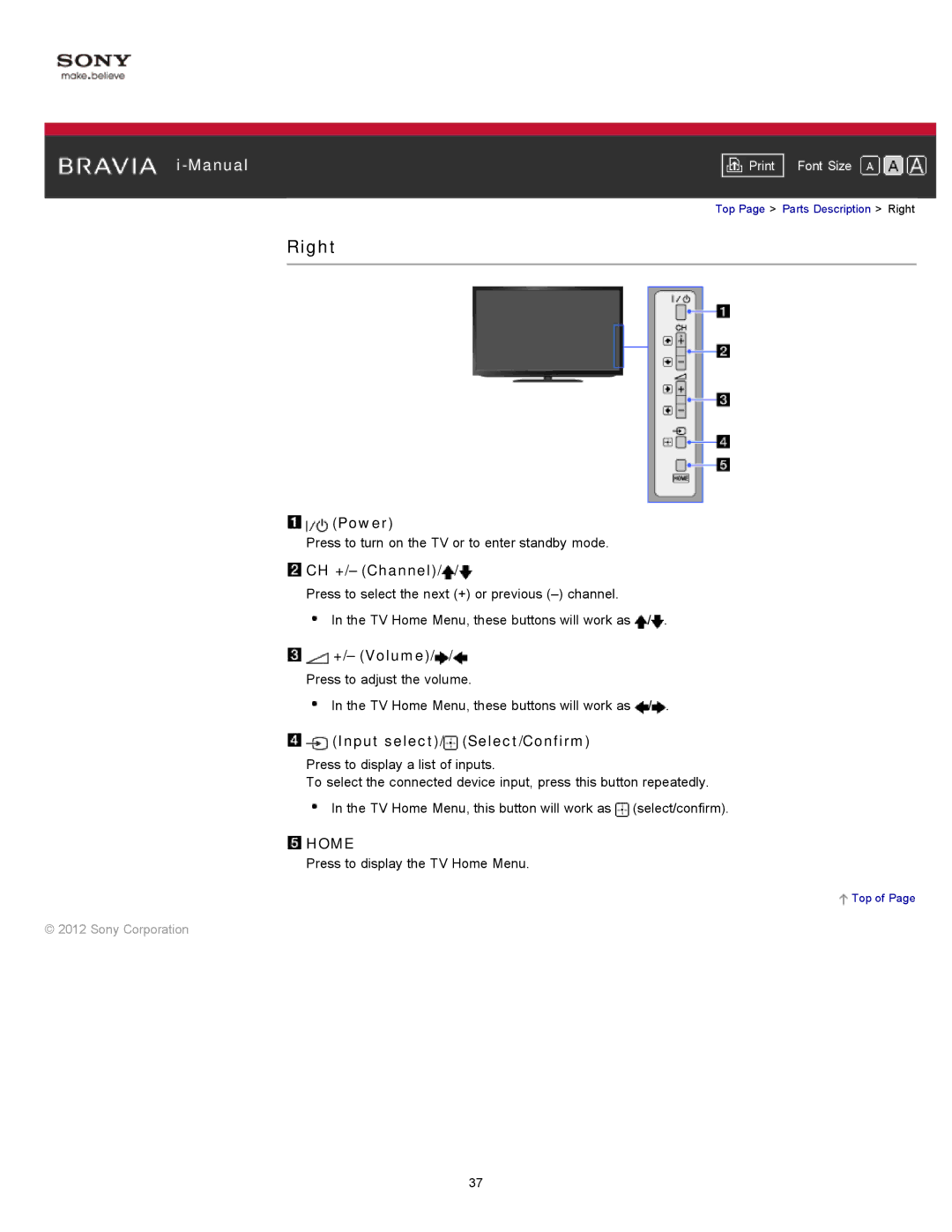 Sony KDL-55HX751/46HX751/40HX751/32HX751, KDL-55HX750 manual Right, CH +/- Channel, +/- Volume, Input select Select/Confirm 