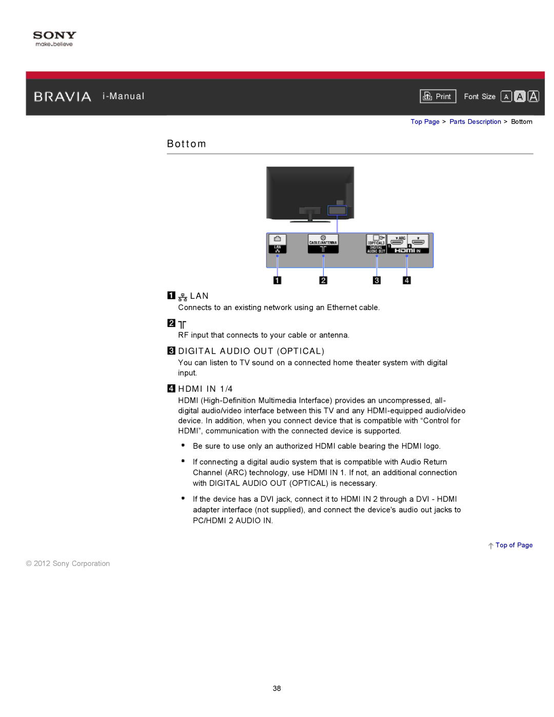 Sony KDL-55HX750, KDL-55HX751/46HX751/40HX751/32HX751 manual Bottom, Lan, Hdmi in 1/4 