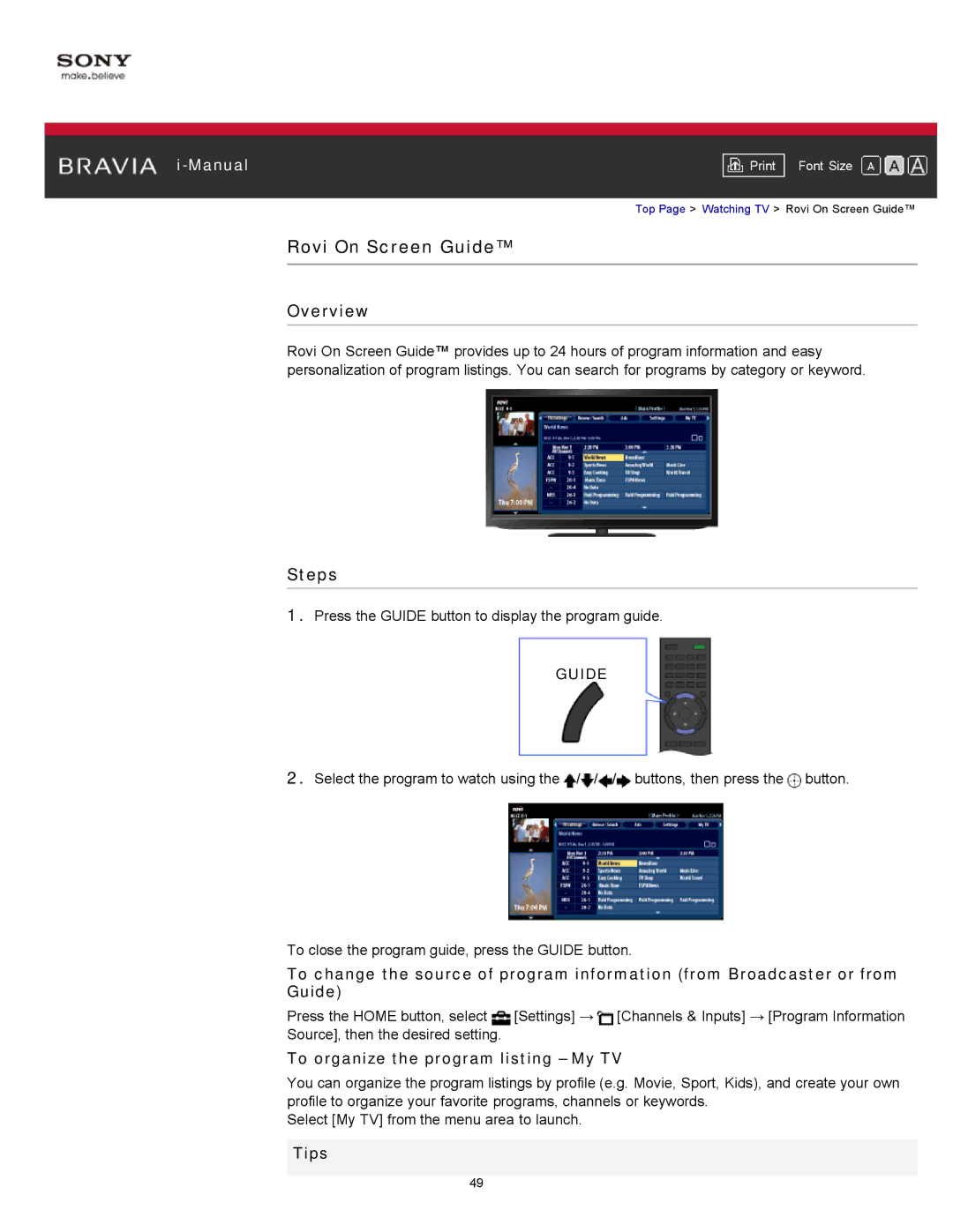 Sony KDL-55HX751/46HX751/40HX751/32HX751, KDL-55HX750 manual Rovi On Screen Guide, To organize the program listing My TV 