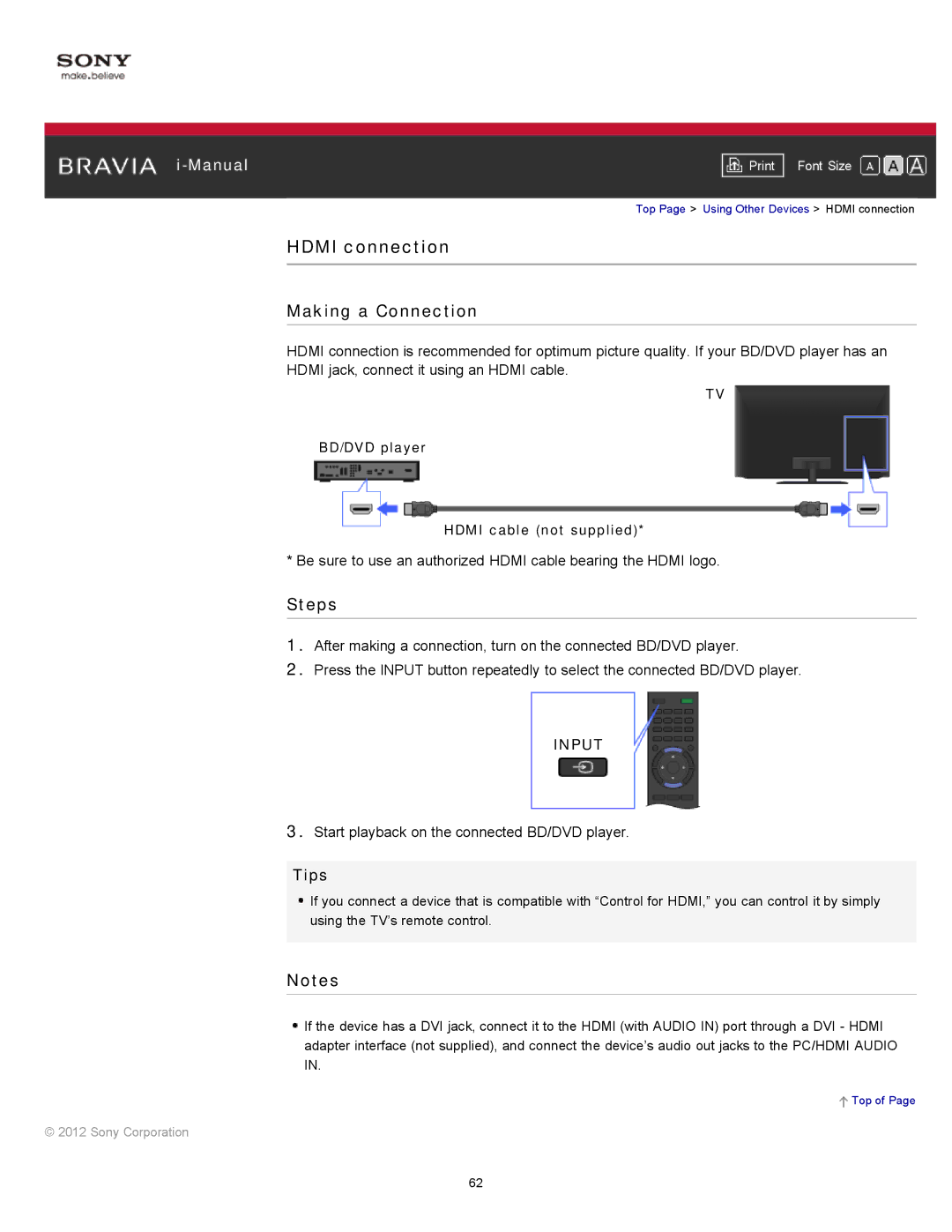 Sony KDL-55HX750 manual Hdmi connection, Making a Connection, BD/DVD player Hdmi cable not supplied 