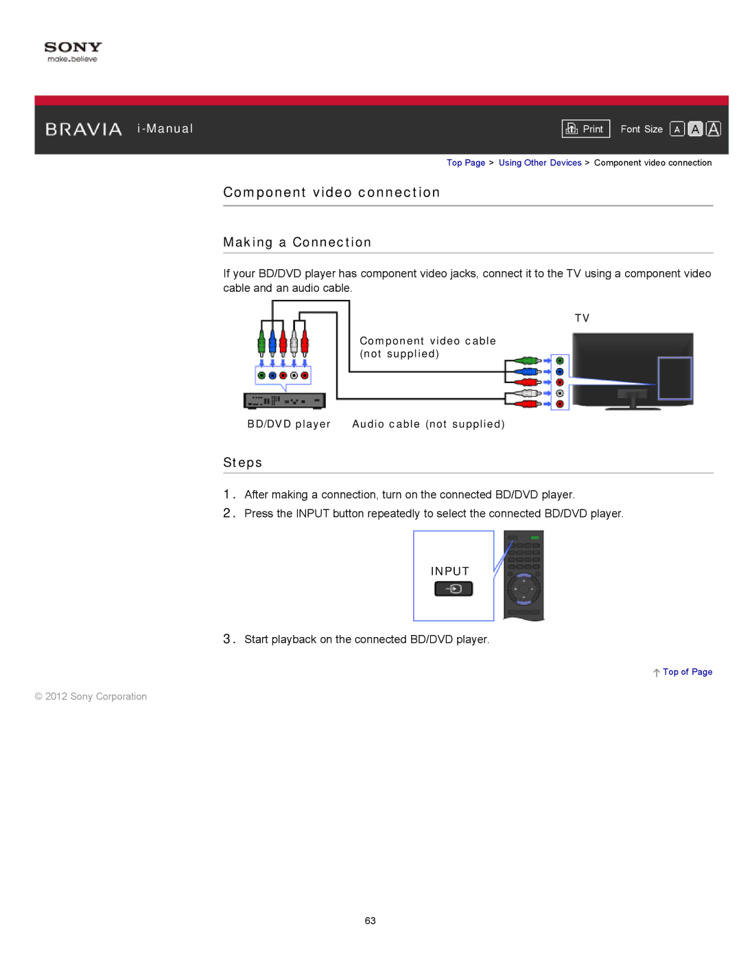 Sony KDL-55HX751/46HX751/40HX751/32HX751, KDL-55HX750 manual Component video connection 