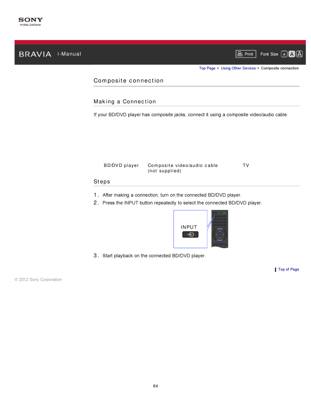 Sony KDL-55HX750 manual Composite connection, BD/DVD player Composite video/audio cable Not supplied 