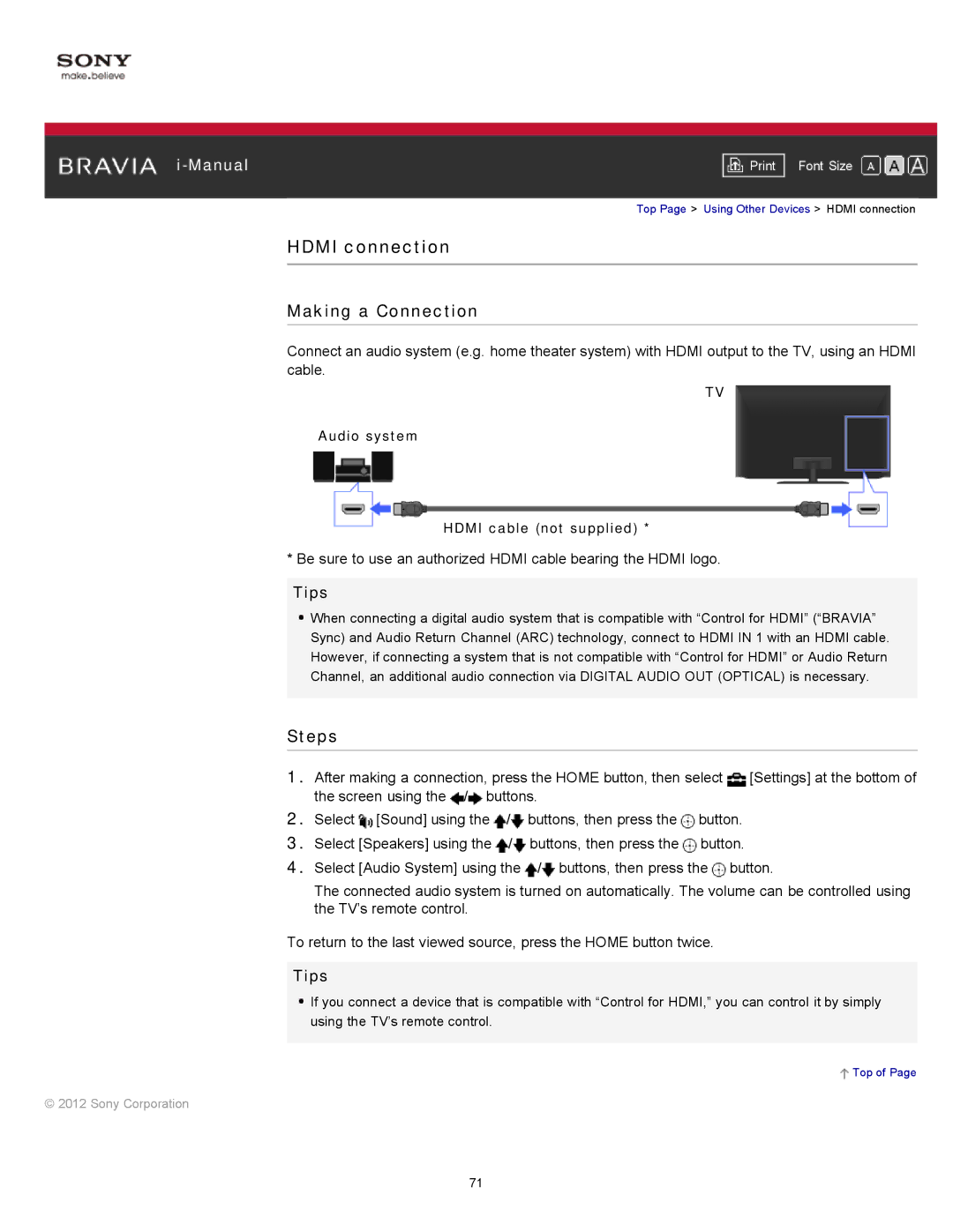 Sony KDL-55HX751/46HX751/40HX751/32HX751, KDL-55HX750 manual Hdmi connection, Audio system Hdmi cable not supplied 